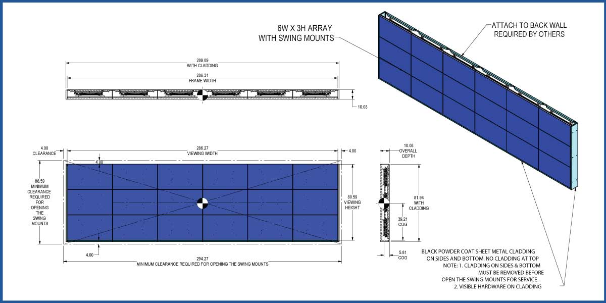 Blueprint of a custom 6w x 3h wall attached visual structure to support eighteen 55in displays in landscape using an RPV swing mount solution.