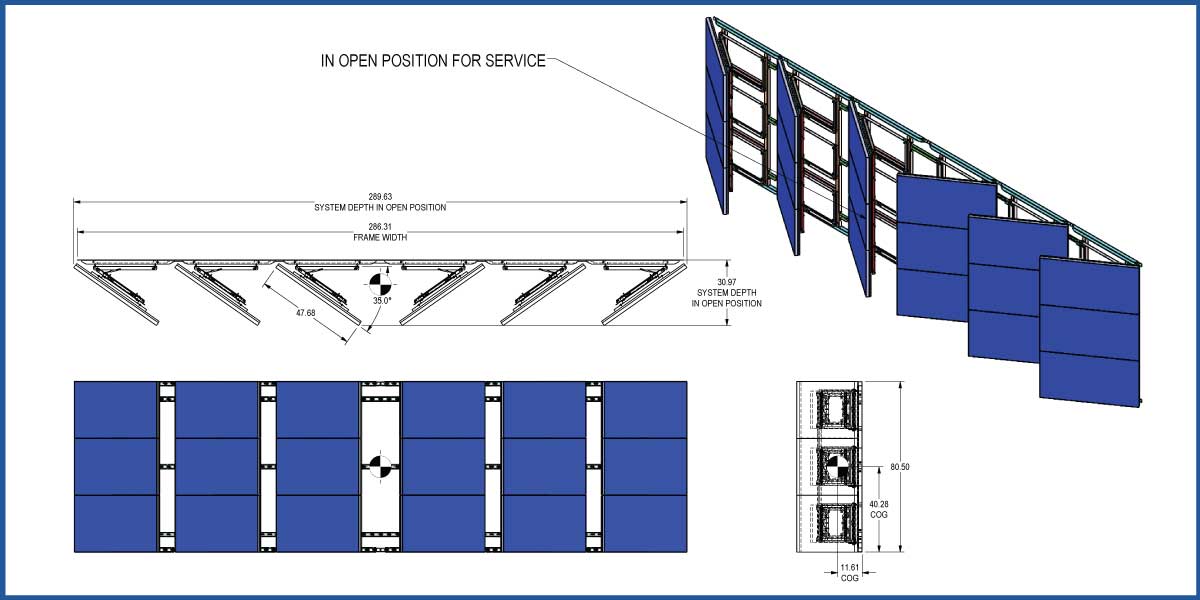 Blueprint of a custom 6w x 3h wall attached visual structure to support eighteen 55in displays in landscape using an RPV swing mount solution with panels in open position.