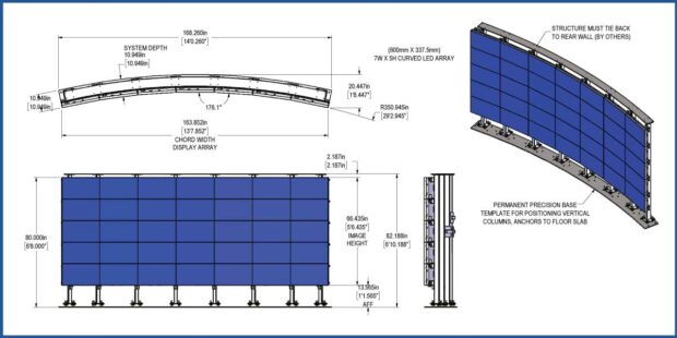 Drawing of concept 1 - curved LED array with tie back to rear wall