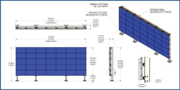 Drawing of a 166.6-inch wide anchored to floor array structure
